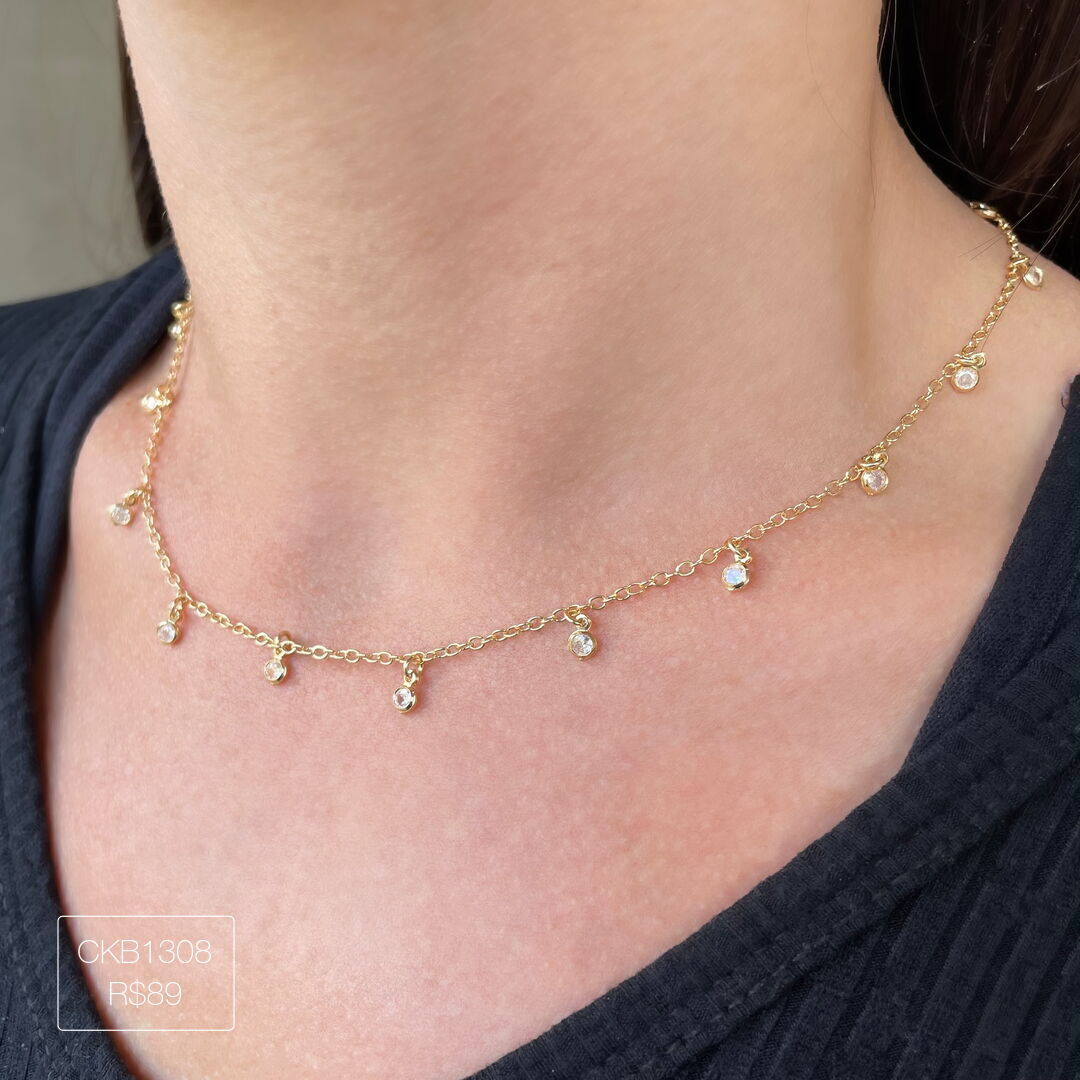 Choker c/ 20 Pontos de Luz Pendurados 3mm Cristal Dourada